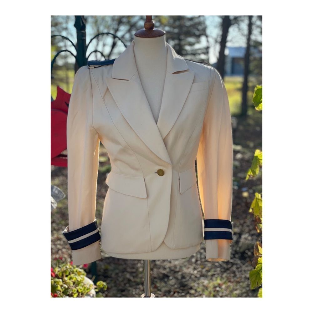 Thierry Mugler 80s Vintage Military Blazer Cream Navy Gold Notch Collar Designer